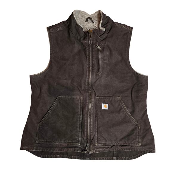 Carhartt Womens Mock-Neck Sherpa-Lined Sandstone Duck Vest XL Dark Brown - Picture 1 of 10